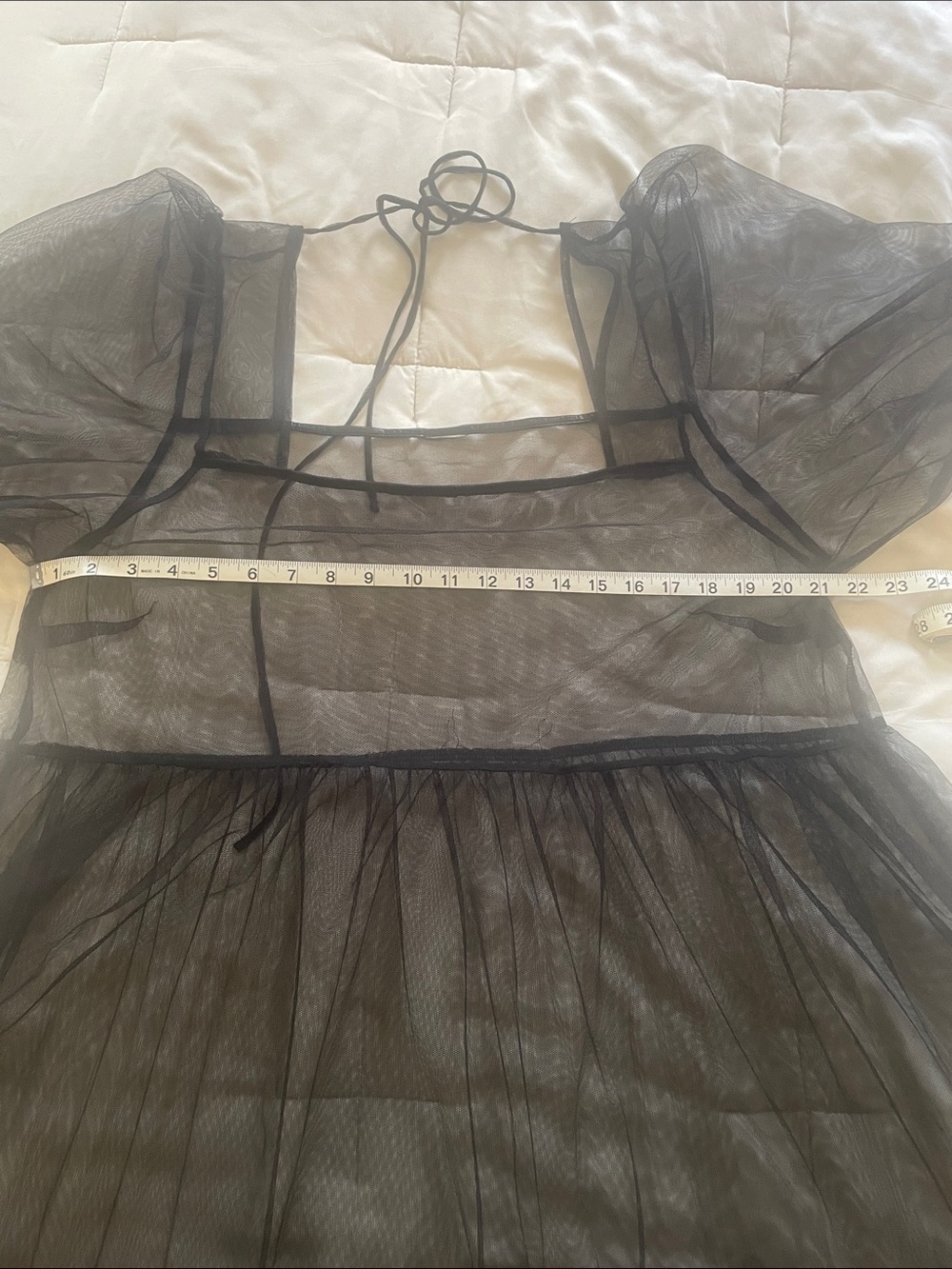 Sheer Black Tiered Midi Dress with Puff Sleeves - Picture 4 of 5